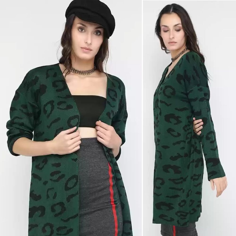 Vestidos Green Black Animal Printed Open Front Knit Longline Shrug XL Cardigan